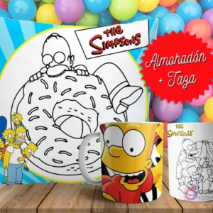 Cojín y tazas con diseño de Los Simpson (Bart y familia) para pintar, sobre fondo de bolas de colores. Un cojín muestra a Bart en blanco y negro, y dos tazas, una a color y otra para colorear.