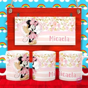 Plantilla para taza de Minnie Mouse con un vestido rosa y el nombre 'Micaela', sobre un fondo floral y de rayas rosadas.