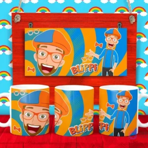 Plantilla para taza de Blippi, el personaje infantil, en dos poses diferentes con sus gafas y tirantes característicos.