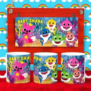 Plantilla para taza de Baby Shark con la familia de tiburones cantando bajo el mar con burbujas y algas.