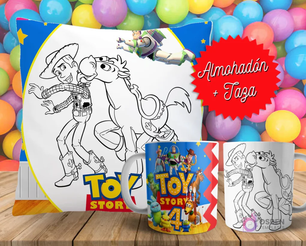 Cojín y tazas con diseño de Toy Story (Woody, Buzz) para pintar, sobre fondo de bolas de colores. Un cojín muestra a Woody y Buzz en blanco y negro, y dos tazas, una a color y otra para colorear. Cojín y tazas con diseño de Toy Story (Woody, Buzz) para pintar, sobre fondo de bolas de colores. Un cojín muestra a Woody y Buzz en blanco y negro, y dos tazas, una a color y otra para colorear.