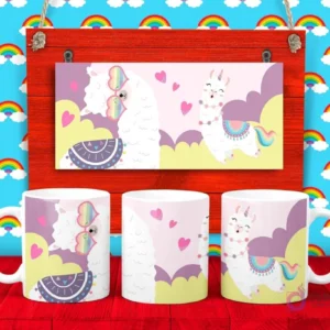 Plantilla para taza de Llamas caricaturescas, una con gafas de sol y otra con manta colorida, sobre nubes y corazones.