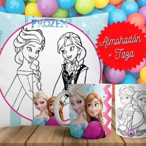 Cojín y tazas con diseño de Frozen (Elsa y Anna) para pintar, sobre fondo de bolas de colores. Un cojín muestra a las princesas en blanco y negro, y dos tazas, una a color y otra para colorear.