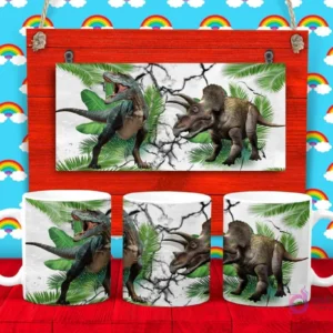 Plantilla para taza de Dinosaurios con un T-Rex y un Triceratops en un entorno selvático con grietas en el suelo.