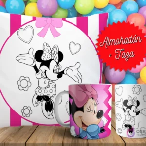 Cojín y tazas con diseño de Minnie Mouse para pintar, sobre fondo de bolas de colores. Un cojín muestra a Minnie en blanco y negro, y dos tazas, una a color y otra para colorear.