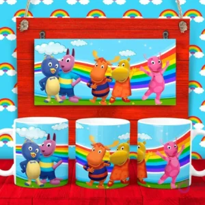 Plantilla para taza de The Backyardigans con Tyrone, Pablo, Uniqua, Tasha y Austin bailando sobre un arcoíris.