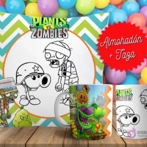 Cojín y tazas con diseño de Plants vs. Zombies para pintar, sobre fondo de bolas de colores. Un cojín muestra a los personajes en blanco y negro, y dos tazas, una a color y otra para colorear.