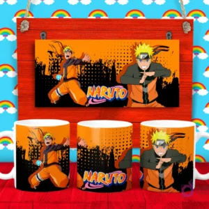 Plantilla para taza de Naruto Uzumaki en pose dinámica con el logo de 'Naruto' sobre un fondo naranja y negro estilo manga.
