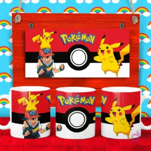 Plantilla para taza de Pokémon con Pikachu, Ash Ketchum y una Pokebola grande en el centro, fondo rojo y blanco.