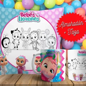 Cojín y tazas con diseño de Bebés Llorones para pintar, sobre fondo de bolas de colores. Un cojín muestra a varios bebés en blanco y negro, y dos tazas, una a color y otra para colorear.