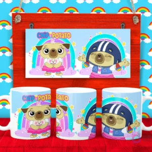 Plantilla para taza de Chip & Potato, mostrando a Chip la pug en dos poses diferentes con arcoíris y nubes.