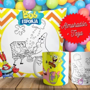 Cojín y tazas con diseño de Bob Esponja para pintar, sobre fondo de bolas de colores. Un cojín muestra a Bob Esponja y Patricio en blanco y negro, y dos tazas, una a color y otra para colorear.