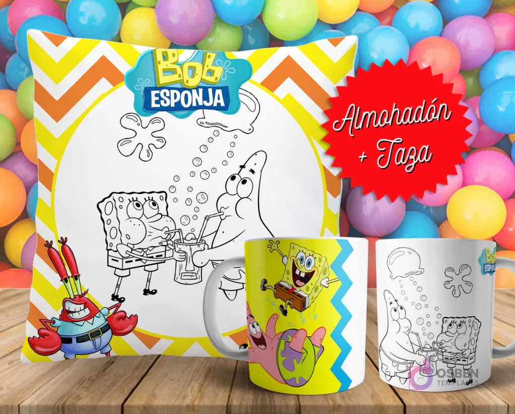 Cojín y tazas con diseño de Bob Esponja para pintar, sobre fondo de bolas de colores. Un cojín muestra a Bob Esponja y Patricio en blanco y negro, y dos tazas, una a color y otra para colorear. Cojín y tazas con diseño de Bob Esponja para pintar, sobre fondo de bolas de colores. Un cojín muestra a Bob Esponja y Patricio en blanco y negro, y dos tazas, una a color y otra para colorear.