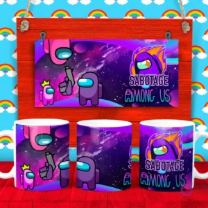 Plantilla para taza de Among Us con dos tripulantes, uno rosa con corona y otro púrpura, con la palabra 'Sabotage' sobre fondo espacial.