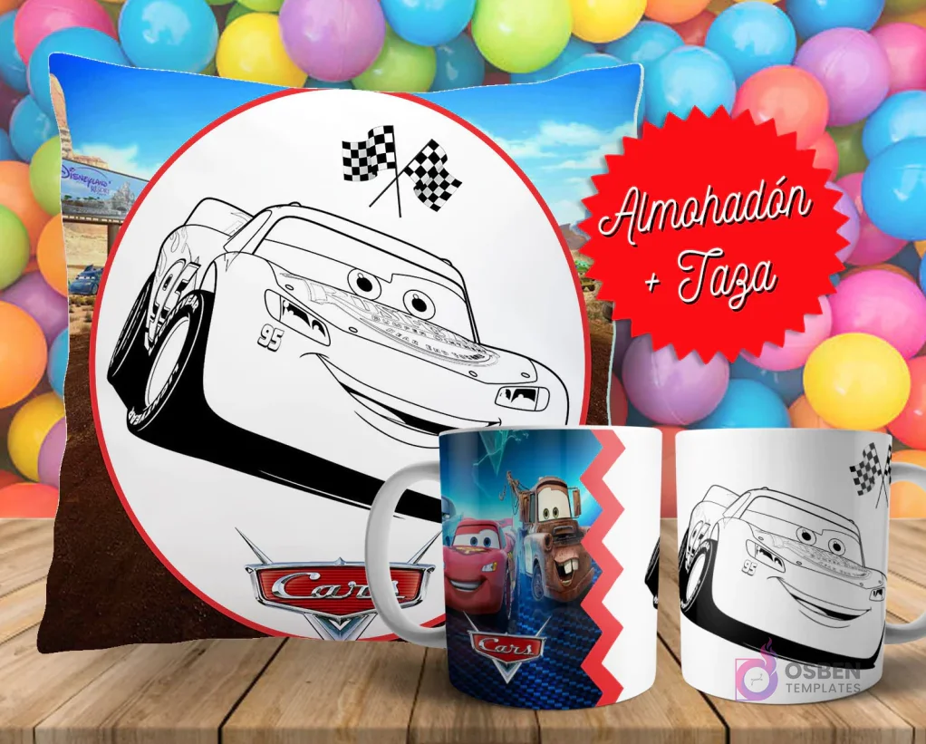 Cojín y tazas con diseño de Cars (Rayo McQueen y Mate) para pintar, sobre fondo de bolas de colores. Un cojín muestra a Rayo McQueen en blanco y negro, y dos tazas, una a color y otra para colorear. Cojín y tazas con diseño de Cars (Rayo McQueen y Mate) para pintar, sobre fondo de bolas de colores. Un cojín muestra a Rayo McQueen en blanco y negro, y dos tazas, una a color y otra para colorear.
