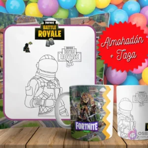 Cojín y tazas con diseño de Fortnite para pintar, sobre fondo de bolas de colores. Un cojín muestra a un personaje en blanco y negro, y dos tazas, una a color y otra para colorear.