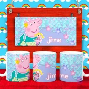 Plantilla para taza de Peppa Pig transformada en sirena con estrellas de mar y el nombre 'Jime', sobre un fondo de escamas marinas.