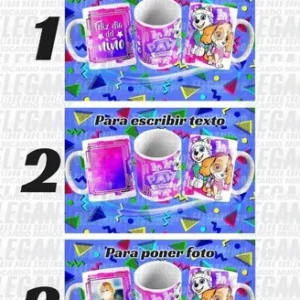 Panel explicativo sobre los tres tipos de archivos incluidos: Plantillas para usar tal cual, plantillas para añadir texto y plantillas con espacio para foto, ilustrado con diseños de Feliz Día del Niño y Paw Patrol.