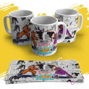 Diseño de sublimación para tazas con Goku y Chi-Chi de Dragon Ball haciendo la fusión, sobre un fondo de viñetas de cómic, con la frase 'Somos la Fusión Perfecta'.