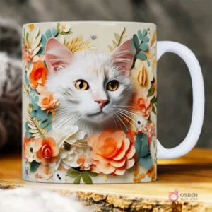Gato blanco con ojos amarillos rodeado de flores de papel en tonos pastel con efecto 3D.