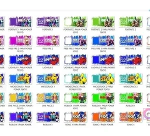 Miniaturas en cuadrícula mostrando la variedad de las 20 plantillas incluidas, con temas como Fortnite, Free Fire, Ladybug, Mikecrack, One Piece, Roblox y Sonic, incluyendo versiones para foto y texto.