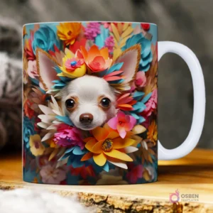 Perro chihuahua con una corona de flores de papel multicolor y efecto 3D.