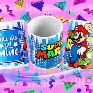 Tres tazas sublimadas con diseños para el Día del Niño y Super Mario, sobre fondo rosa con patrones geométricos. Una taza dice 'Feliz día del Niño' en azul, otra muestra el logo 'SUPER MARIO', y la tercera presenta a Mario con personajes del juego.