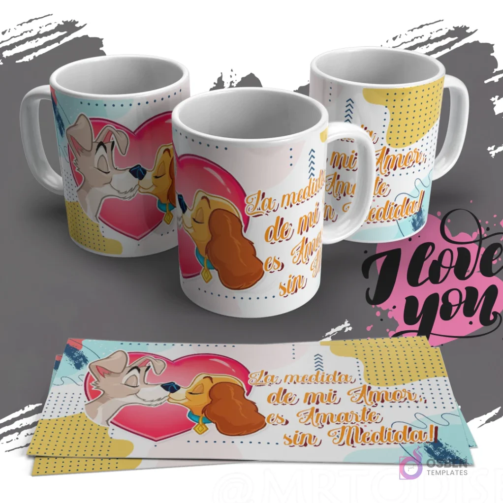 Diseño de sublimación para tazas con La Dama y el Vagabundo dándose un beso, con la cita 'La medida de mi amor es amarte sin medida', en un estilo artístico acuarela. Diseño de sublimación para tazas con La Dama y el Vagabundo dándose un beso, con la cita 'La medida de mi amor es amarte sin medida', en un estilo artístico acuarela.