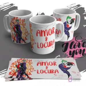 Diseño de sublimación para tazas con El Joker y Harley Quinn bailando, junto a la frase 'Amor & Locura', sobre un fondo con patrones 'Ha Ha Ha'.