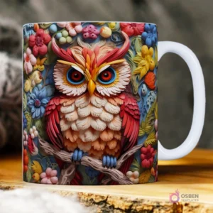 Búho rojo y blanco con ojos azules y plumas texturizadas en un árbol rodeado de flores 3D.