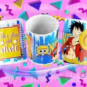 Tres tazas sublimadas con diseños para el Día del Niño y One Piece, sobre fondo rosa con patrones geométricos. Una taza dice 'Feliz día del Niño' en amarillo, otra muestra el logo de One Piece, y la tercera presenta a Monkey D. Luffy con su sombrero de paja.