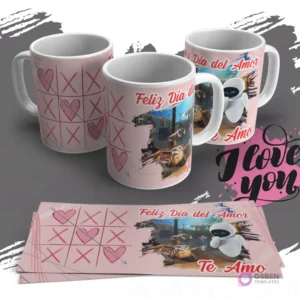 Diseño de sublimación para tazas con Wall-E de Pixar y la frase 'Feliz Día del Amor Te Amo', con un fondo de juego de tres en raya con corazones y manchas abstractas rosadas.