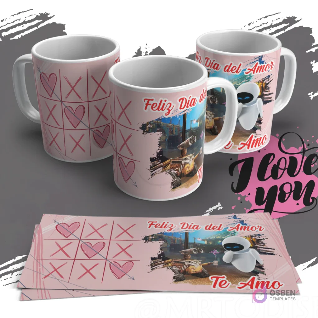 Diseño de sublimación para tazas con Wall-E de Pixar y la frase 'Feliz Día del Amor Te Amo', con un fondo de juego de tres en raya con corazones y manchas abstractas rosadas. Diseño de sublimación para tazas con Wall-E de Pixar y la frase 'Feliz Día del Amor Te Amo', con un fondo de juego de tres en raya con corazones y manchas abstractas rosadas.