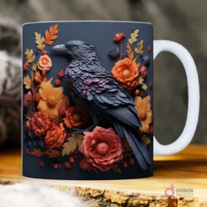 Cuervo con tonos morados y azules sobre un vibrante lecho de hojas y flores 3D en rojo y naranja.