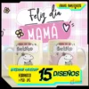 Plantilla para taza Flork Día de la Madre con diseño 'Mamá de un Gatito'. Dos tazas blancas con fondo rosa y amarillo a cuadros, y un Flork abrazando un gato gris. La imagen incluye un banner de 'Feliz día MAMÁ', 'ENVIO INMEDIATO' y detalles del producto como '15 DISEÑOS' y 'FORMATO > PSD - JPG'.
