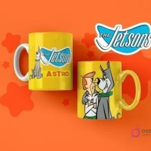 Taza de sublimación amarilla con diseño de Los Supersónicos, mostrando a Astro y la familia