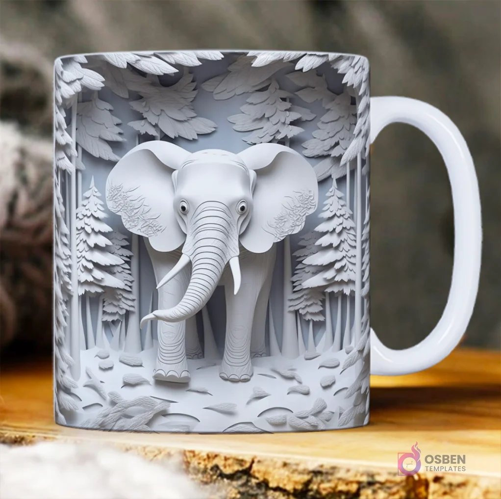 Elefante blanco 3D en un bosque de pinos de papel blanco, creando un efecto profundo. Elefante blanco 3D en un bosque de pinos de papel blanco, creando un efecto profundo.