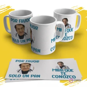 Diseños para tazas con el Dr. Nowzaradan y frases cómicas como 'Por favor, solo un pan' y 'Mira que te conozco'
