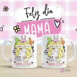 Plantilla para taza Flork Día de la Madre con diseño 'Mamá de Mascotas'. Dos tazas blancas con un Flork rodeado de diferentes animales (conejo, gallina, perro, oveja, vaca, gato), texto 'MAMÁ DE MASCOTAS' y 'TAMBIÉN ES MAMÁ FELICIDADES'. Fondo rosa a cuadros con 'Feliz día MAMÁ'.