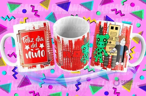 Tres tazas sublimadas con diseños para el Día del Niño y Roblox (Piggy), sobre fondo rosa con patrones geométricos. Una taza dice 'Feliz día del Niño' en rojo, otra muestra el logo 'ROBLOX' en rojo, y la tercera presenta a personajes de Roblox, incluyendo a Piggy. Tres tazas sublimadas con diseños para el Día del Niño y Roblox (Piggy), sobre fondo rosa con patrones geométricos. Una taza dice 'Feliz día del Niño' en rojo, otra muestra el logo 'ROBLOX' en rojo, y la tercera presenta a personajes de Roblox, incluyendo a Piggy.