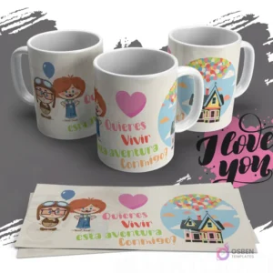Diseño de sublimación para tazas con Carl y Ellie de UP (Pixar) de niños y la casa flotando con globos, junto a la pregunta 'Quieres Vivir esta Aventura Conmigo?'.
