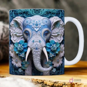 Elefante azul y blanco con ornamentos intrincados y flores 3D a juego.