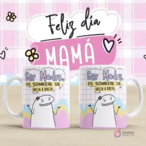 Plantilla para taza Flork Día de la Madre con mensaje 'Ser Madre... ES SONREIR DE OREJA A OREJA'. Dos tazas blancas con un Flork sonriente de oreja a oreja y el texto citado. Fondo rosa a cuadros con 'Feliz día MAMÁ'.