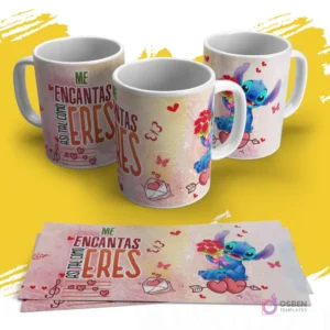 Diseño de sublimación para tazas con Stitch de Disney ofreciendo un ramo de flores, con la frase 'Me Encantas así tal como eres' y elementos musicales y mariposas.