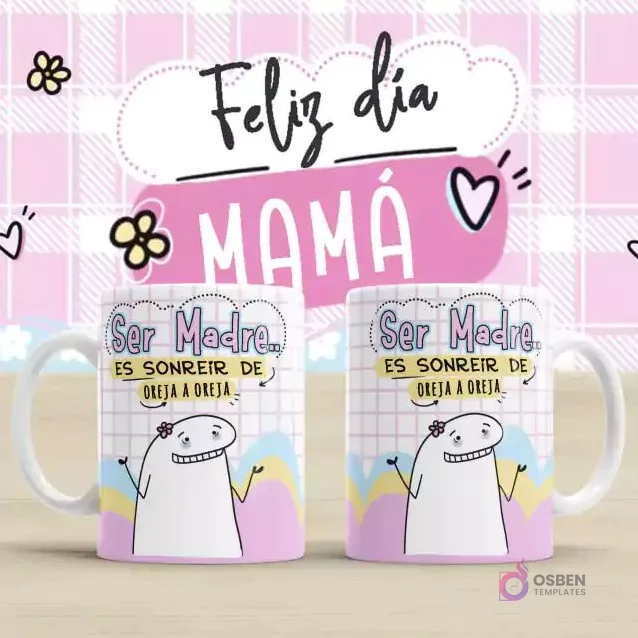 Plantilla para taza Flork Día de la Madre con mensaje 'Ser Madre... ES SONREIR DE OREJA A OREJA'. Dos tazas blancas con un Flork sonriente de oreja a oreja y el texto citado. Fondo rosa a cuadros con 'Feliz día MAMÁ'. Plantilla para taza Flork Día de la Madre con mensaje 'Ser Madre... ES SONREIR DE OREJA A OREJA'. Dos tazas blancas con un Flork sonriente de oreja a oreja y el texto citado. Fondo rosa a cuadros con 'Feliz día MAMÁ'.