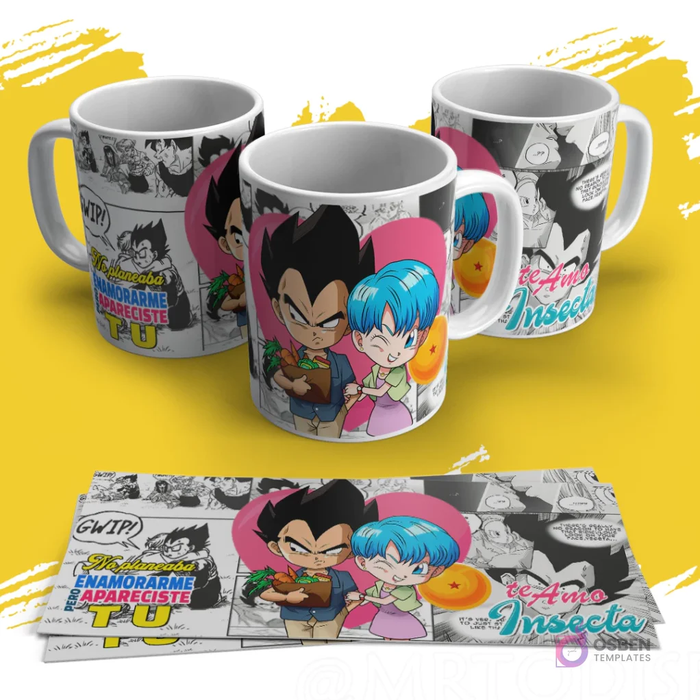 Diseño de sublimación para tazas con versiones chibi de Vegeta y Bulma de Dragon Ball, con un corazón rosa de fondo y la frase 'Te Amo Insecta'. Diseño de sublimación para tazas con versiones chibi de Vegeta y Bulma de Dragon Ball, con un corazón rosa de fondo y la frase 'Te Amo Insecta'.