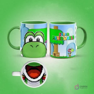 Taza de sublimación de Yoshi pixelado de Super Mario con asa verde y un paisaje del Reino Champiñón, interior con boca de Yoshi, sobre fondo verde.