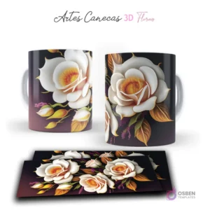 Taza con elegantes rosas 3D blancas y capullos dorados sobre fondo degradado oscuro. Vista frontal y plantilla para sublimar.