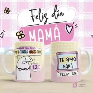 Plantilla para taza Flork Día de la Madre con doble diseño. Una taza dice 'Feliz día de... Voy a contar hasta tres' con un Flork impaciente. La otra taza muestra 'Te amo Mamá Feliz Día' en un marco de corazón, ambas sobre un fondo rosa a cuadros con 'Feliz día MAMÁ'.