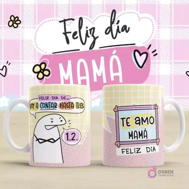 Plantilla para taza Flork Día de la Madre con doble diseño. Una taza dice 'Feliz día de... Voy a contar hasta tres' con un Flork impaciente. La otra taza muestra 'Te amo Mamá Feliz Día' en un marco de corazón, ambas sobre un fondo rosa a cuadros con 'Feliz día MAMÁ'. Plantilla para taza Flork Día de la Madre con doble diseño. Una taza dice 'Feliz día de... Voy a contar hasta tres' con un Flork impaciente. La otra taza muestra 'Te amo Mamá Feliz Día' en un marco de corazón, ambas sobre un fondo rosa a cuadros con 'Feliz día MAMÁ'.